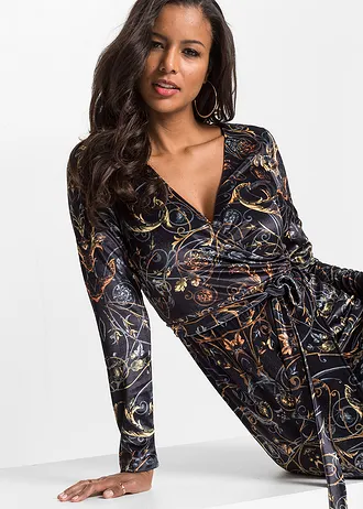 Fluwelen wikkeljurk met dessin • zwart gedessineerd • bonprix online shop