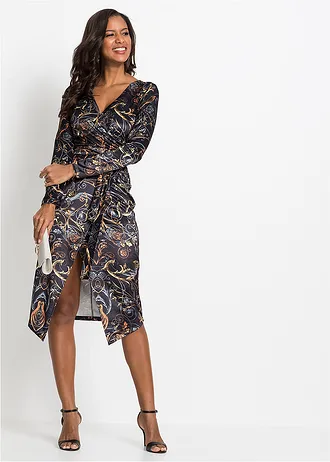 Fluwelen wikkeljurk met dessin • zwart gedessineerd • bonprix online shop