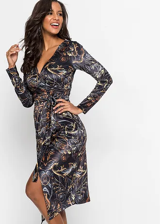 Fluwelen wikkeljurk met dessin • zwart gedessineerd • bonprix online shop