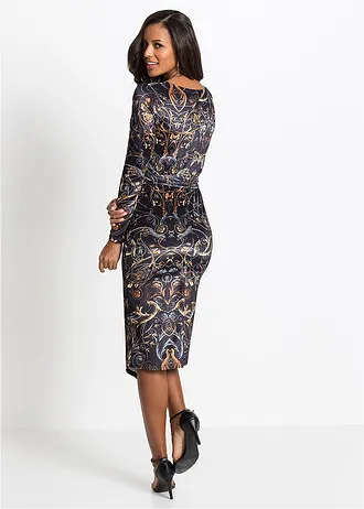 Fluwelen wikkeljurk met dessin • zwart gedessineerd • bonprix online shop