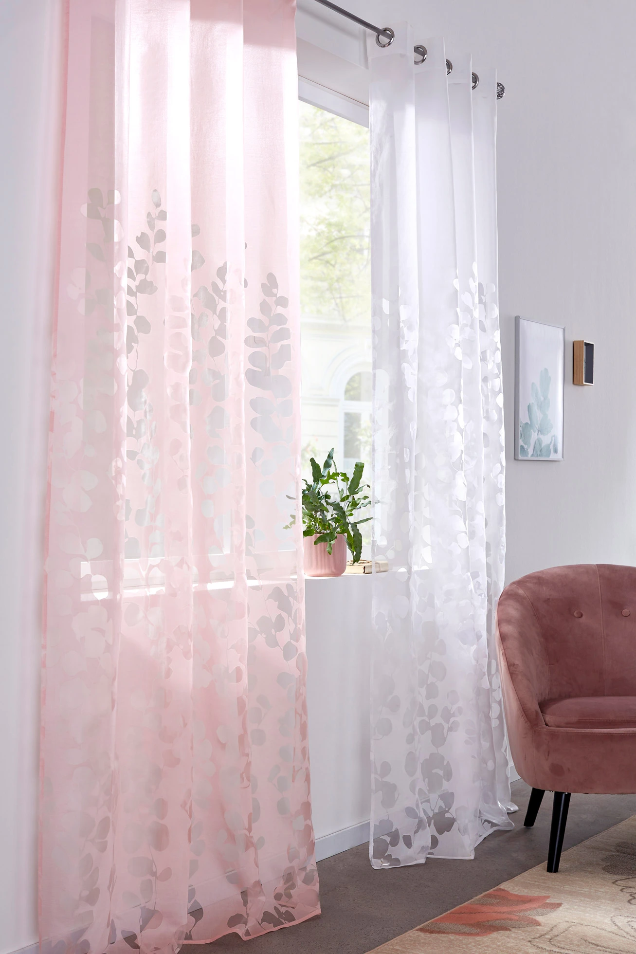 Voilage en dévoré avec feuilles (1 pce) • blanc floral • Boutique bonprix