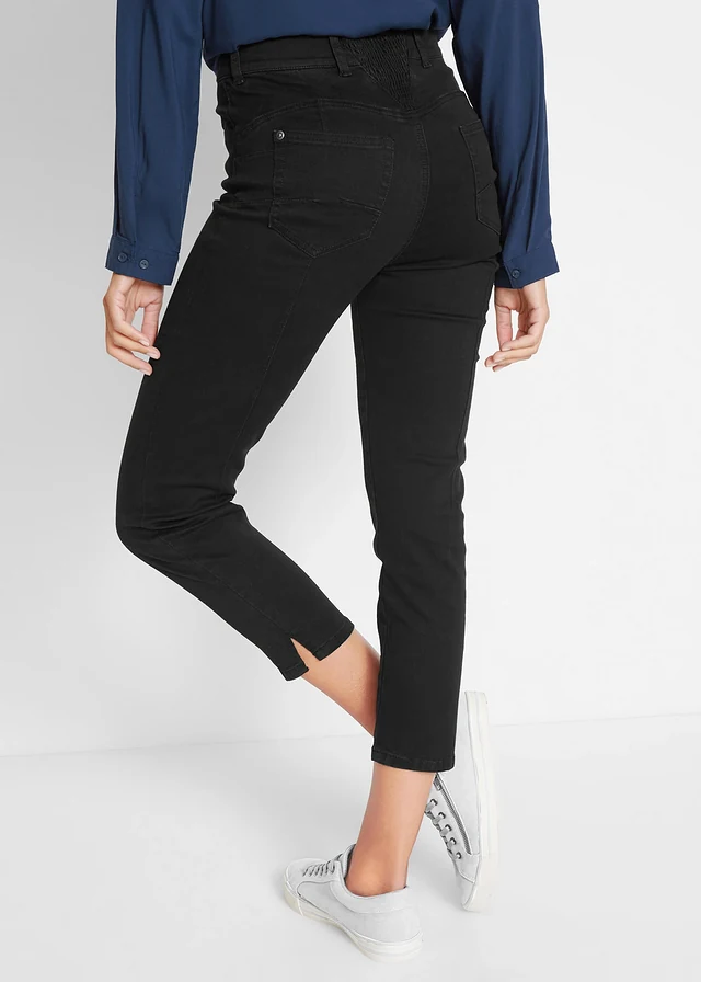 Jean slim, taille mi-haute élastiquée, Couleur: noir denim