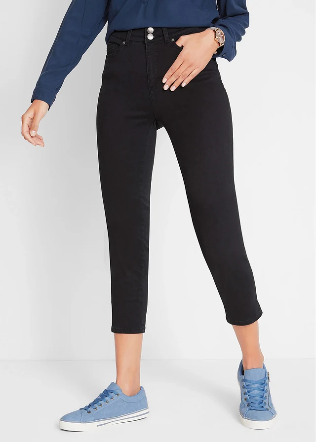 Jean slim, taille mi-haute élastiquée, Couleur: noir denim