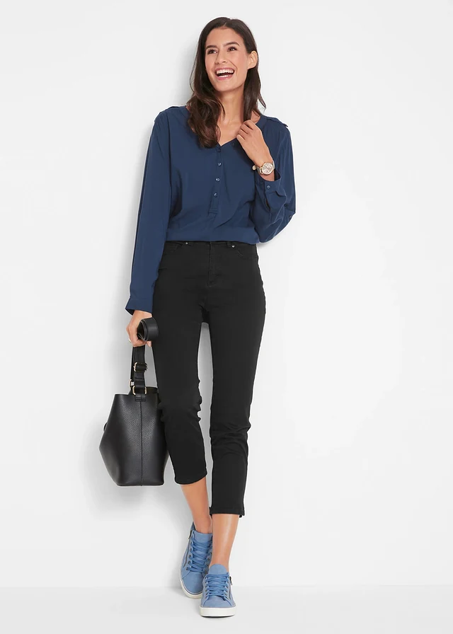 Jean slim, taille mi-haute élastiquée, Couleur: noir denim