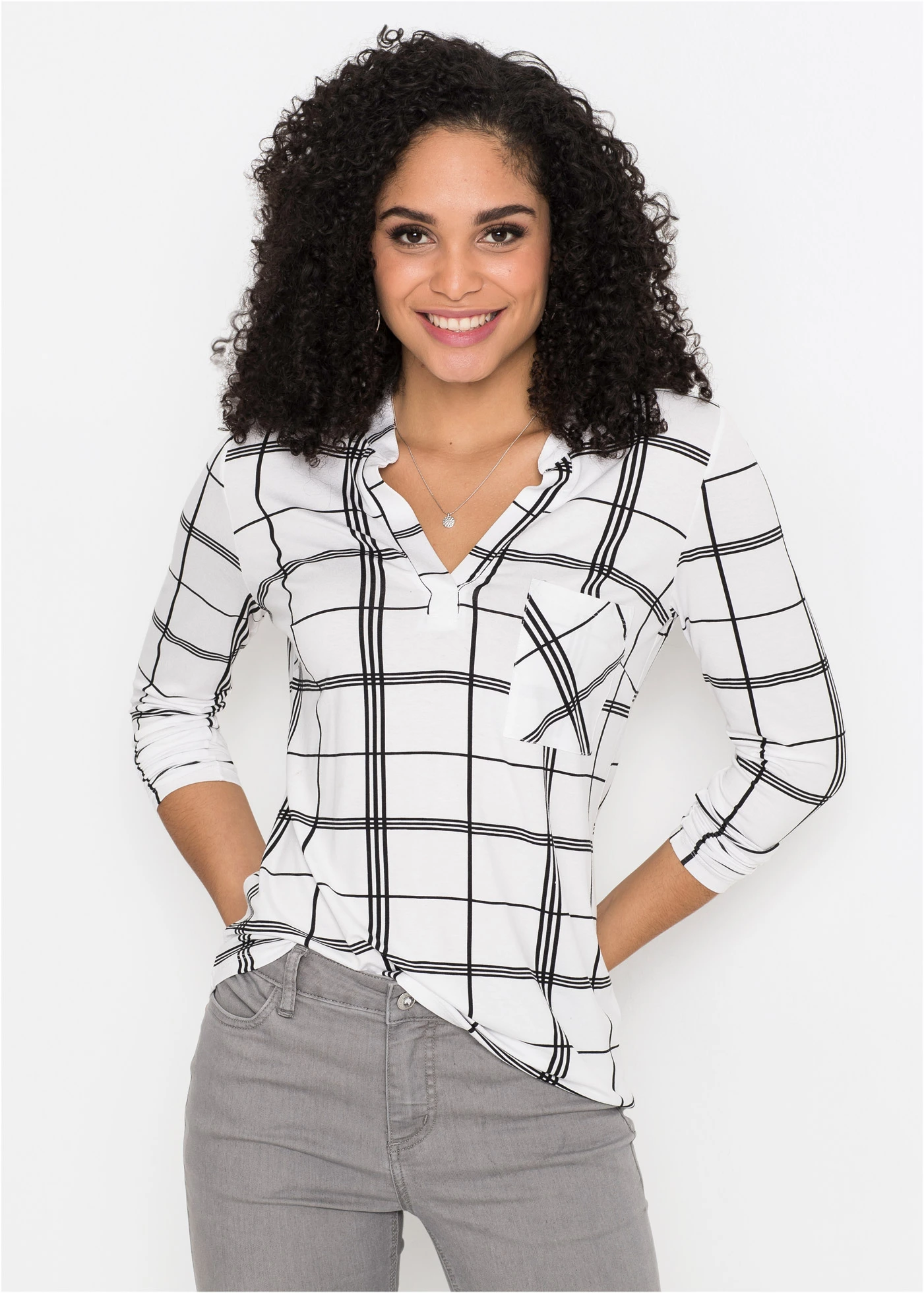 Longsleeve met ruitpatroon • wolwit - zwart geruit • bonprix online shop