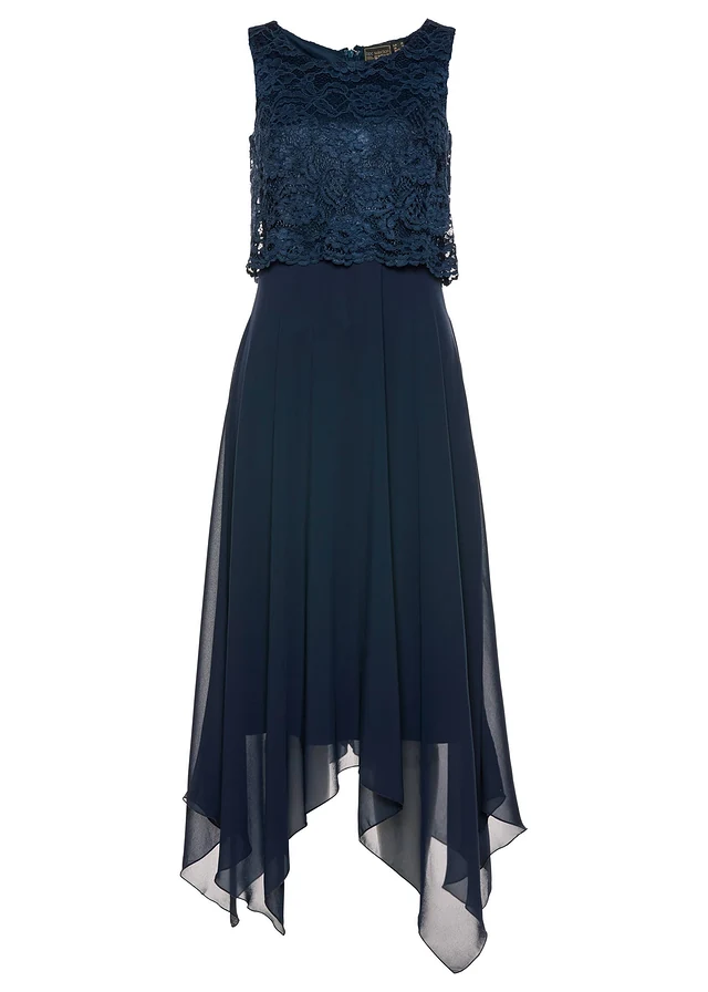 Robe midi en crêpe avec dentelle, Couleur: bleu foncé