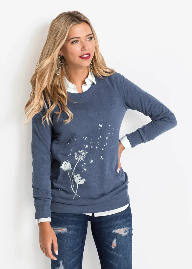 Sweater in een katoenmix, Kleur: indigo gemêleerd met print