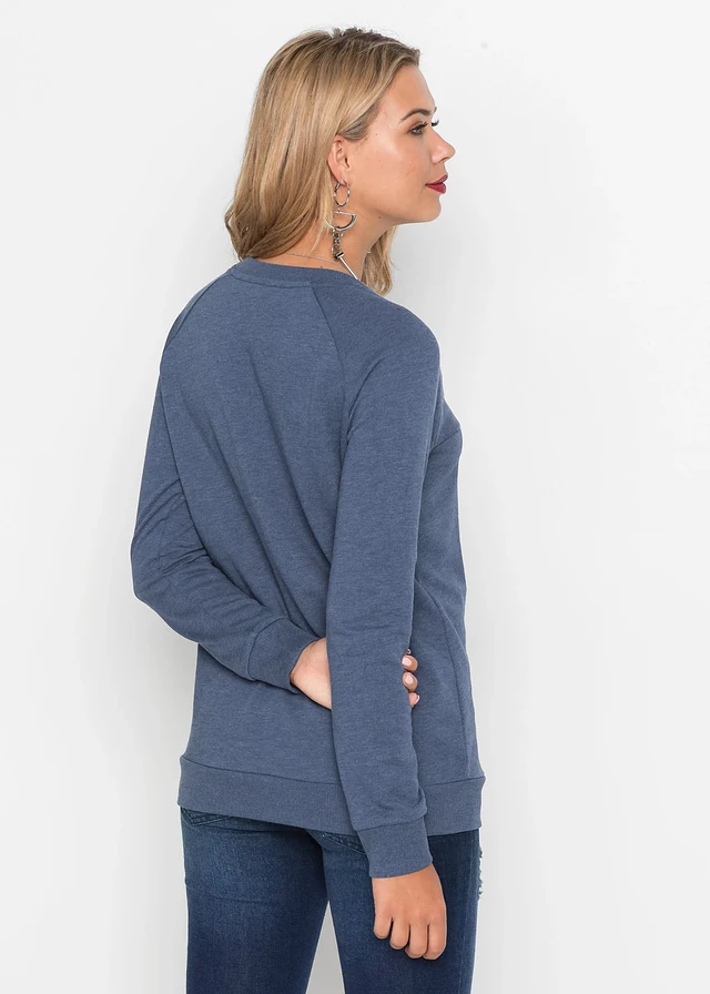 Sweater in een katoenmix, Kleur: indigo gemêleerd met print