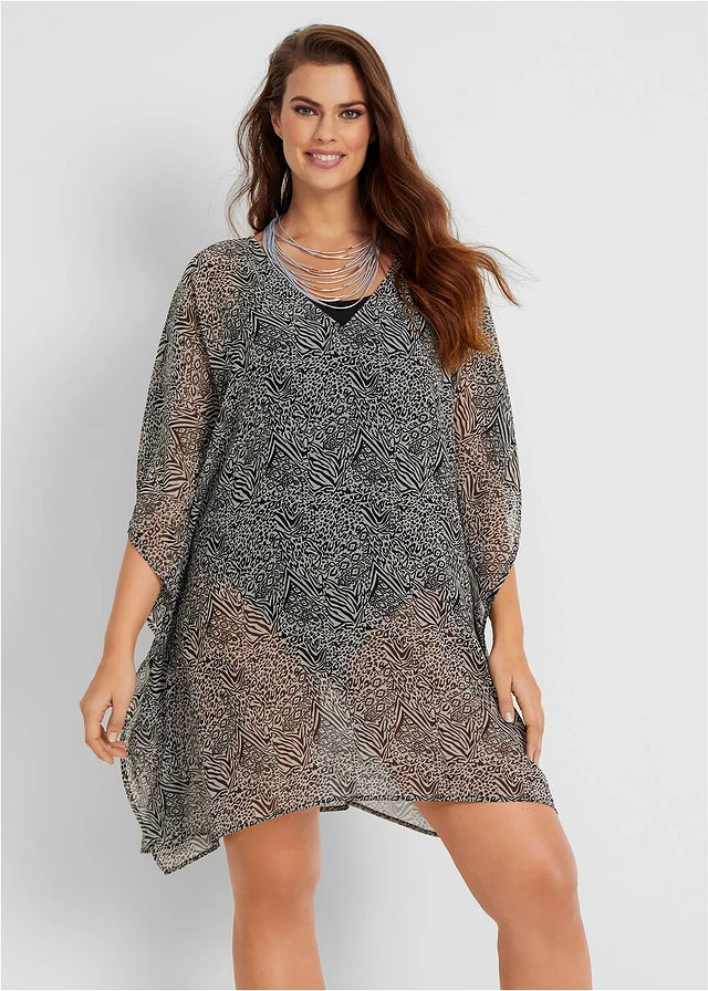 Tunique de plage en mousseline, Couleur: noir-gris clair motif