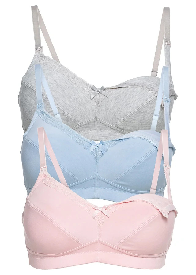 Lot de 3 soutiens-gorge d’allaitement coton sans armatures, Couleur: écru chiné + bleu poudré + rose dragée