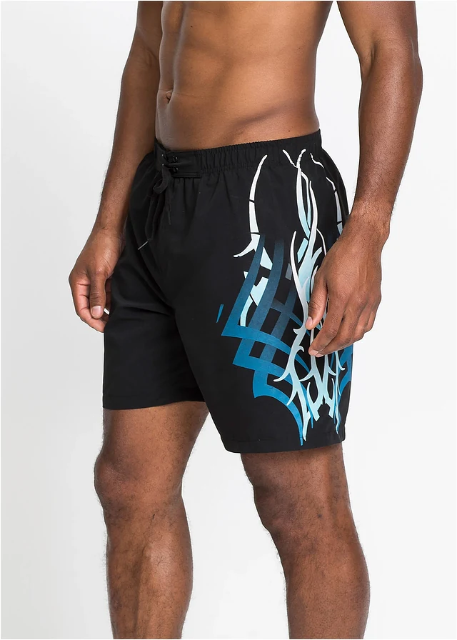 Heren zwemshort, Kleur: zwart/blauw met print
