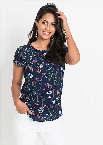 Blouseshirt, Kleur: middernachtblauw gebloemd