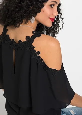 Bluzka z wycięciami na ramionach i koronką • czarny • sklep bonprix