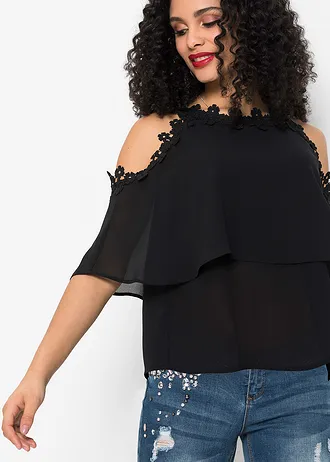 Bluzka z wycięciami na ramionach i koronką • czarny • sklep bonprix