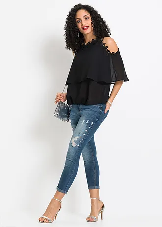 Bluzka z wycięciami na ramionach i koronką • czarny • sklep bonprix