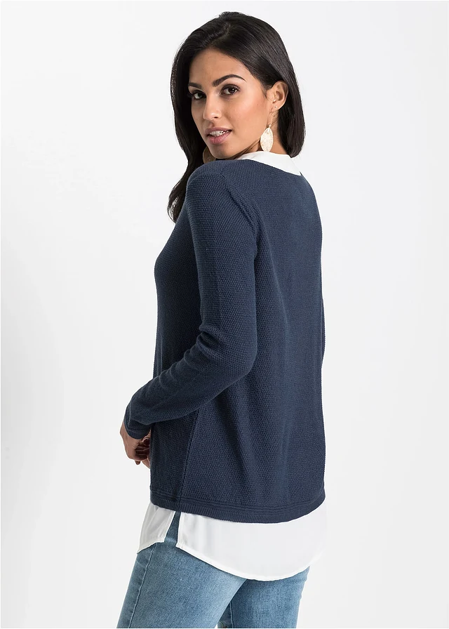 Fijngebreide trui met blouse-inzet • donkerblauw/wit • product-page.page-title-suffix