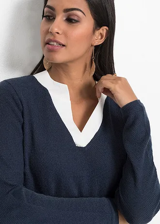 Fijngebreide trui met blouse-inzet • donkerblauw • bonprix online shop