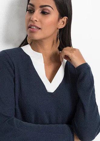 Pulover din tricotaj fin cu inserții tip cămașă • bleumarin/alb • magazin bonprix