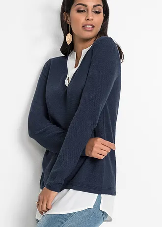 Pulover din tricotaj fin cu inserții tip cămașă • bleumarin/alb • magazin bonprix