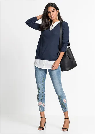 Fijngebreide trui met blouse-inzet, Kleur: donkerblauw/wit