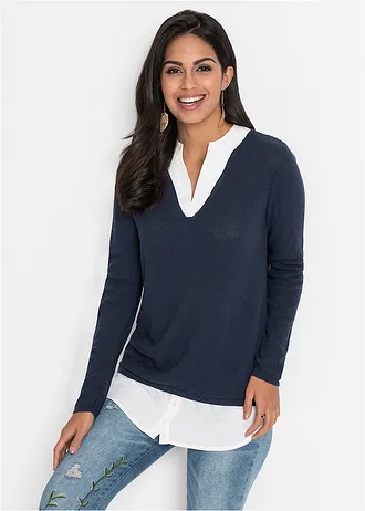 Fijngebreide trui met blouse-inzet, Kleur: donkerblauw/wit