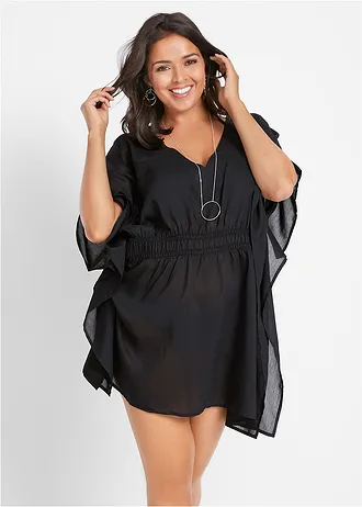 Plážová tunika, s výstrihom do V, transparentná, farba: čierna