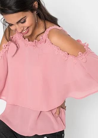 Bluzka z wycięciami na ramionach i koronką • jasny jeżynowy • sklep bonprix