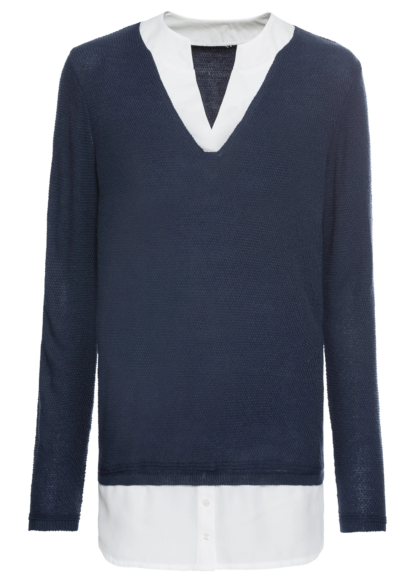 Cienki sweter z koszulową wstawką • ciemnoniebieski + biały • sklep bonprix