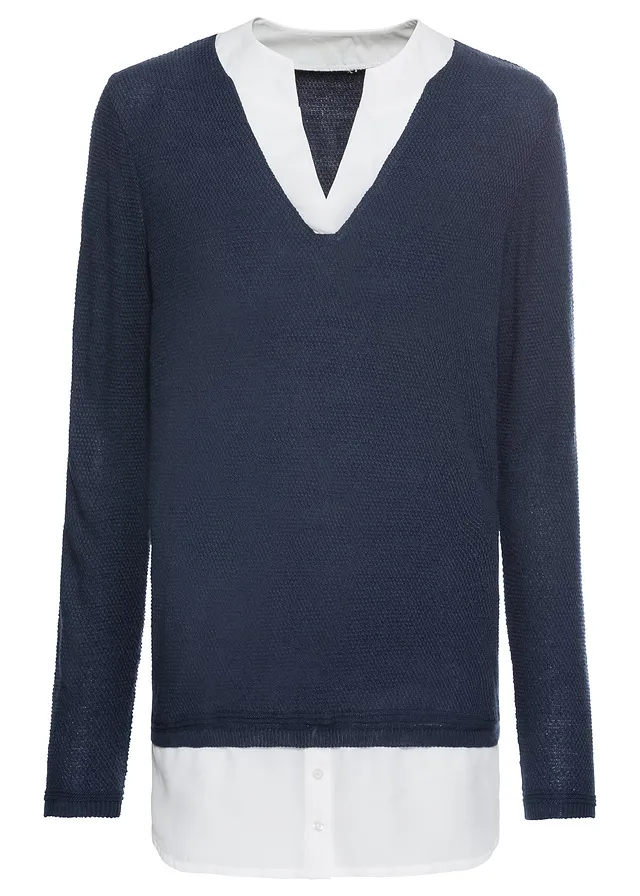 Fijngebreide trui met blouse-inzet • donkerblauw • bonprix online shop