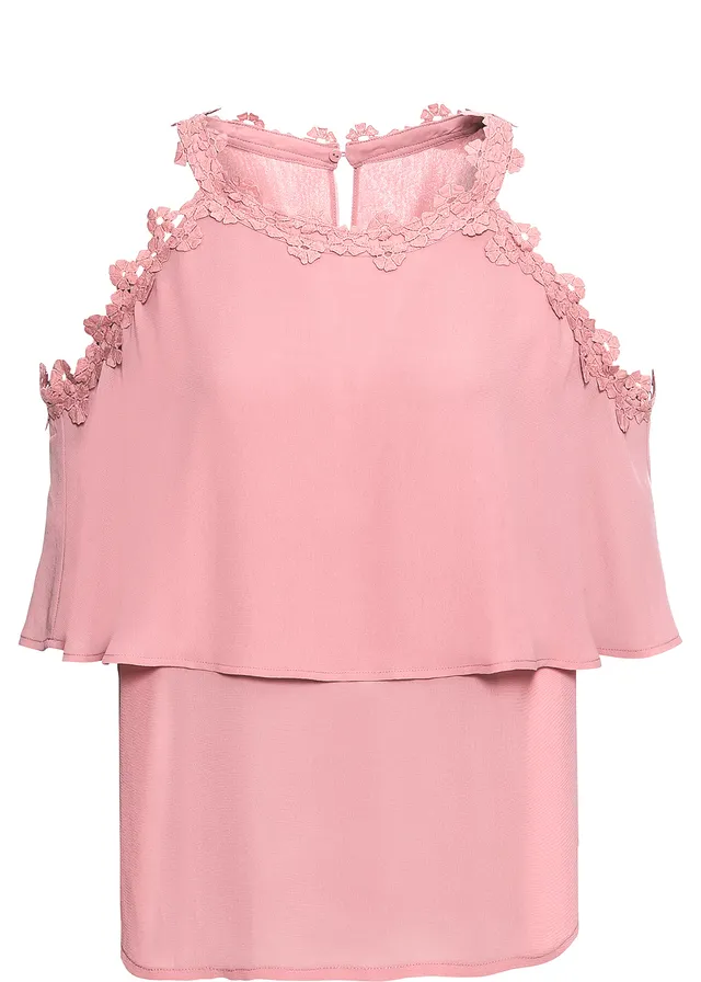 Bluzka z wycięciami na ramionach i koronką • jasny jeżynowy • sklep bonprix