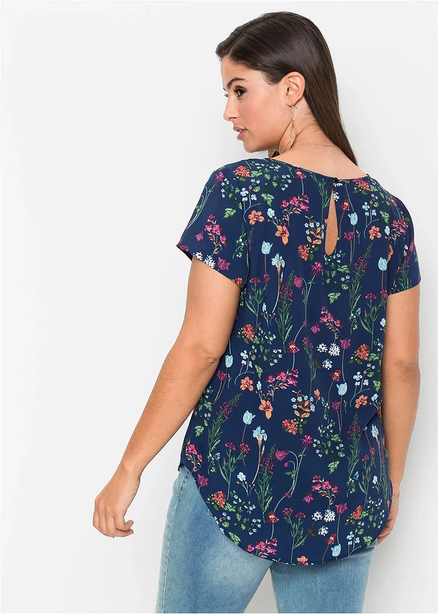 Blouseshirt, Kleur: middernachtblauw gebloemd