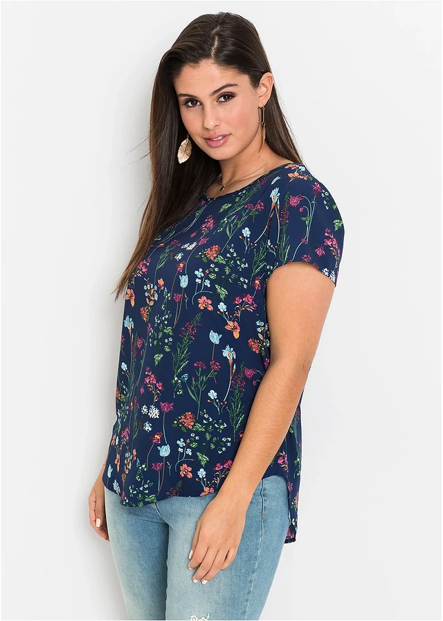 Blouseshirt, Kleur: middernachtblauw gebloemd