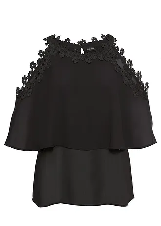 Bluzka z wycięciami na ramionach i koronką • czarny • sklep bonprix