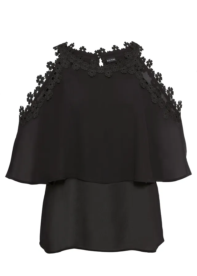 Bluzka z wycięciami na ramionach i koronką • czarny • sklep bonprix