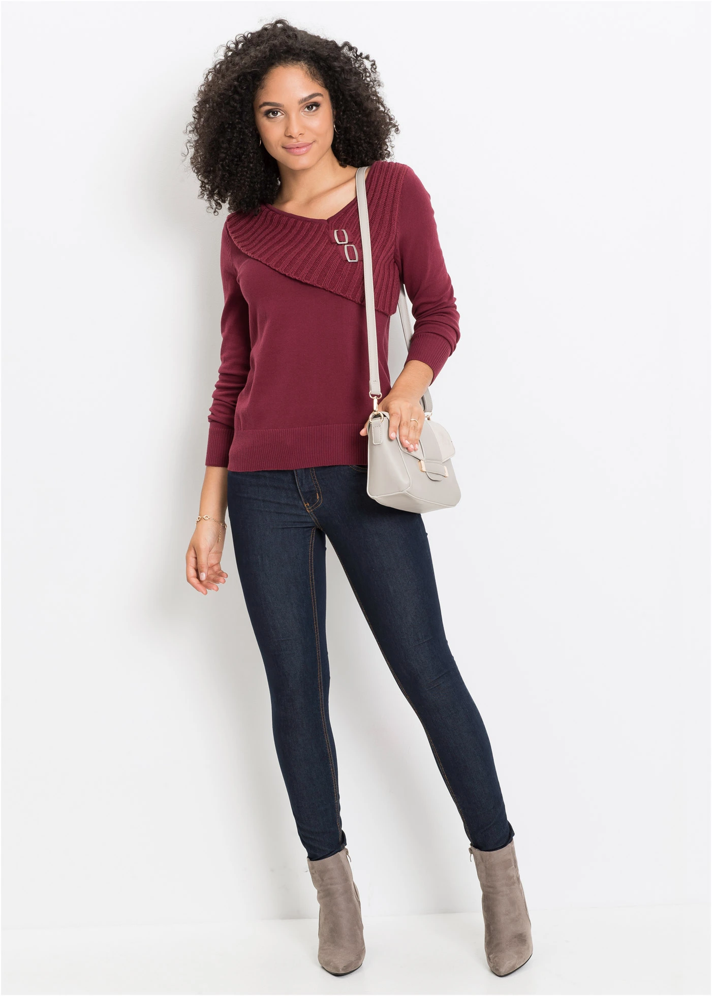 Pulover din tricotaj fin din mix de bumbac • bordo • magazin bonprix