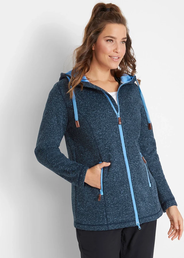 Veste en polaire tricoté à capuche, Couleur: bleu foncé chiné