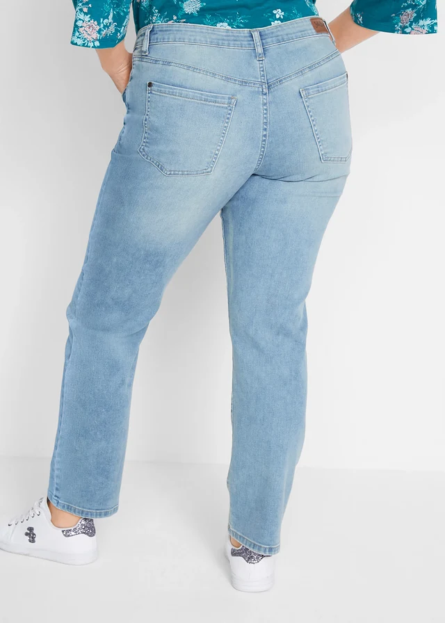 Jean droit taille mi-haute, extensible, Couleur: bleu clair used