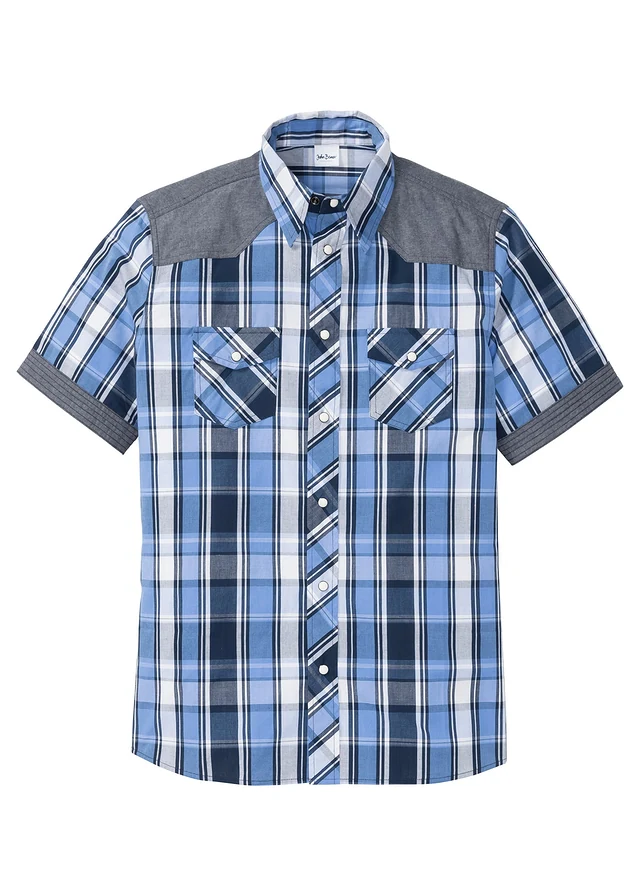 Overhemd met korte mouwen en denim details, Kleur: donkerblauw geruit
