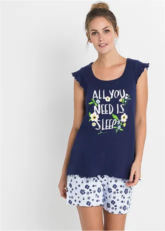 Krátké pyžamo z čisté bavlny, barva: půlnoční modrá s potiskem