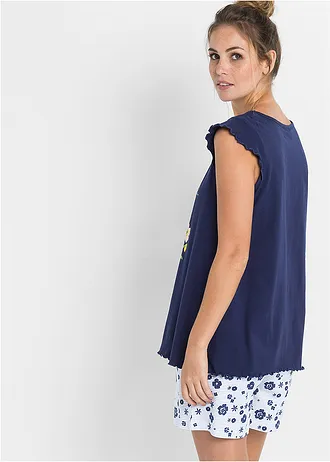 Krátké pyžamo z čisté bavlny, barva: půlnoční modrá s potiskem