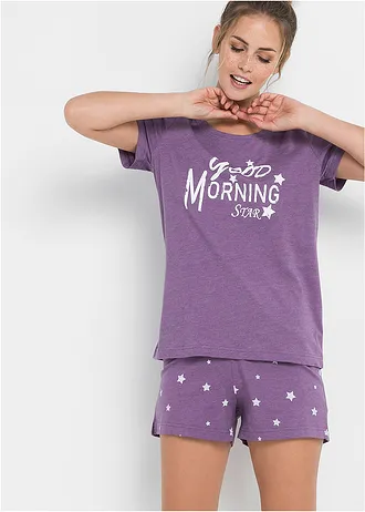 Krátké pyžamo, barva: fialový melír-bílá s potiskem