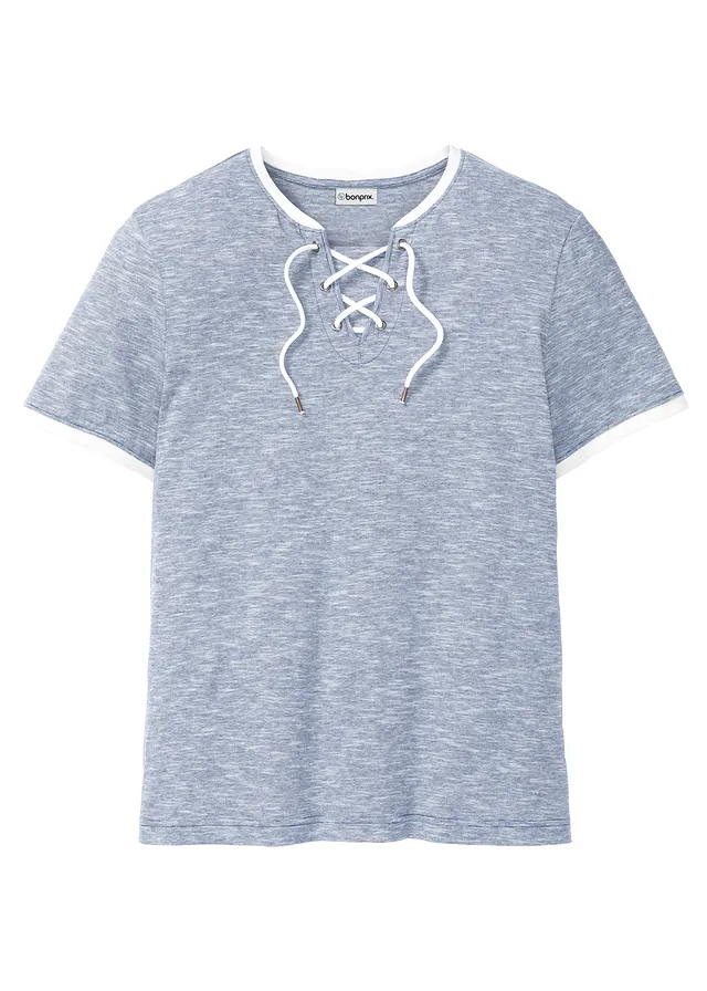 T-shirt van biologisch katoen met vetersluiting • donkerblauw-wolwit gemêleerd • bonprix online shop