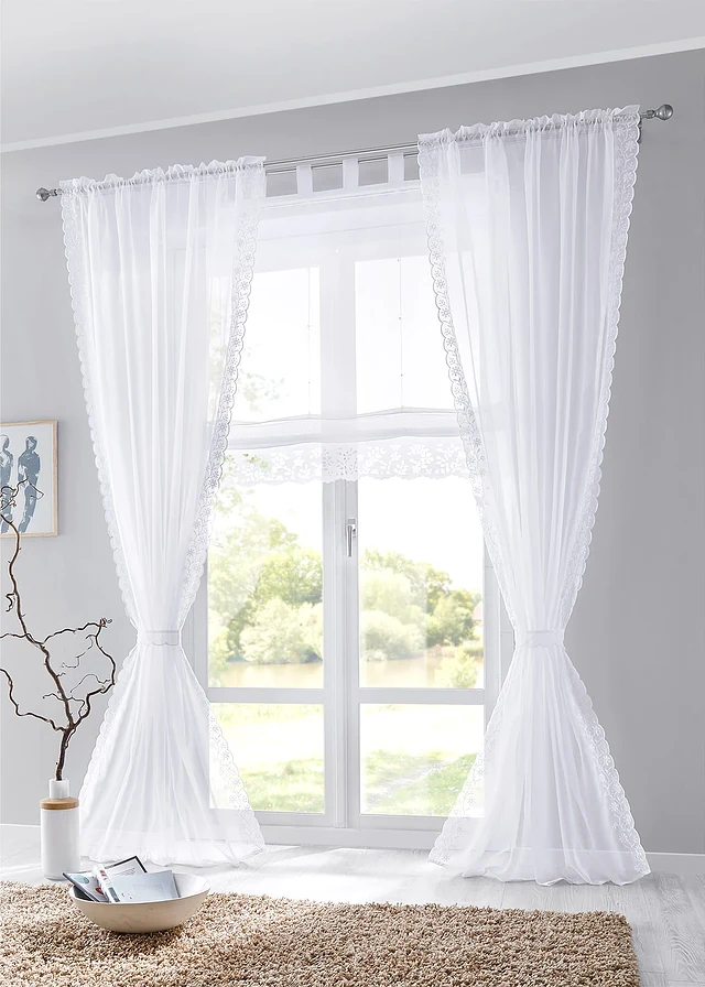 Transparant gordijn met borduursel en embrasse (1 stuk), Kleur: wit