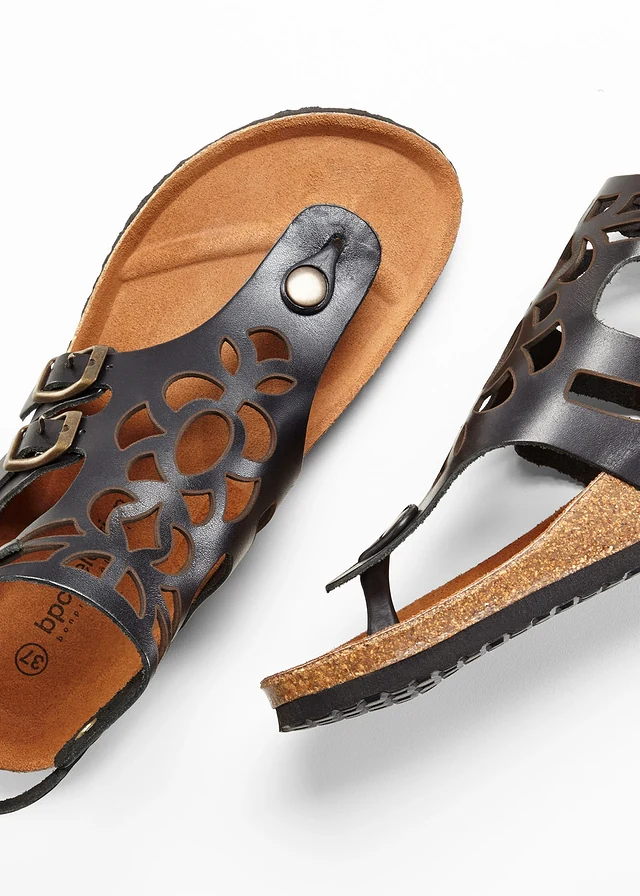 Sandales entredoigts en cuir, Couleur: noir