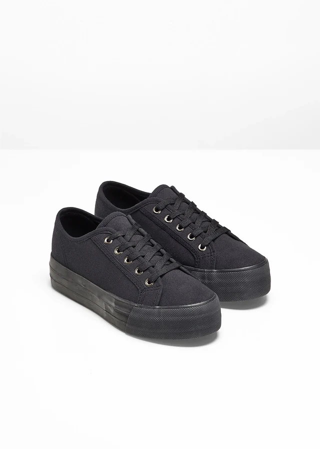 Plateau sneakers van katoen-canvas, Kleur: zwart