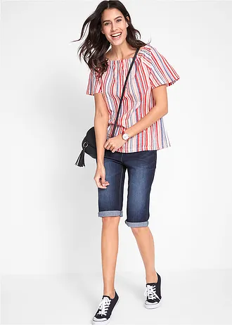 Stretch jeans bermuda met omslag, Kleur: nachtblauw denim