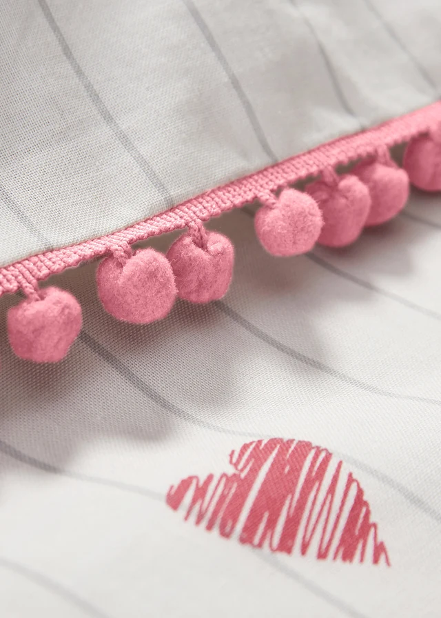 Linon dekbedovertrek met pompons, Kleur: wit-rood