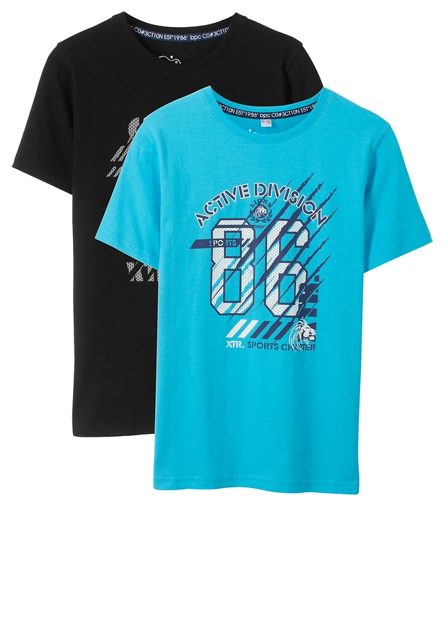 Jongens T-shirt van puur biologisch katoen (set van 2), Kleur: zwart+caraïbisch blauw met print