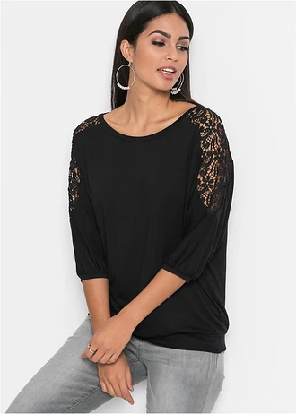 T-shirt oversize en viscose et dentelle, Couleur: noir