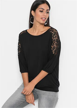 T-shirt oversize en viscose et dentelle • noir • Boutique bonprix